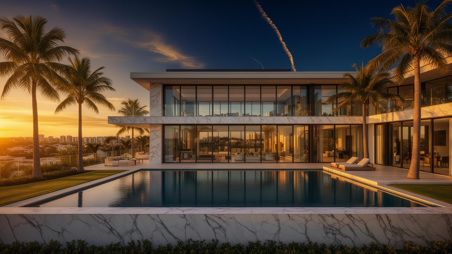 Mansão de luxo com piscina infinita ao pôr do sol